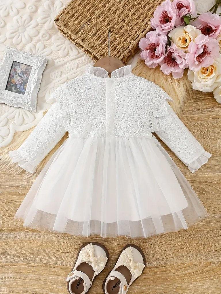 Baby Elegant Ruffle Collar Lace Long Sleeve Dress White