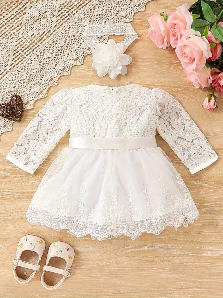 Baby White Belted Lace Dress With Headband