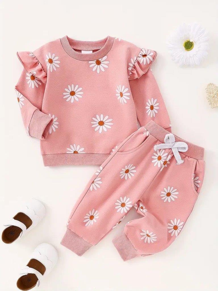 Baby Pink Daisy Ruffle Sleeve Pullover And Pants Set