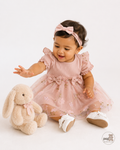 Baby Dusty Pink Embroidery Short Sleeve Double Bow Dress