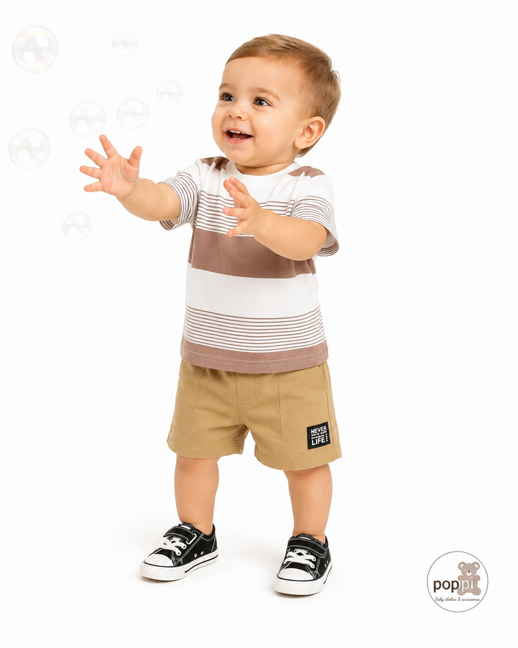 Baby Stripe Tee And Shorts Set Khaki