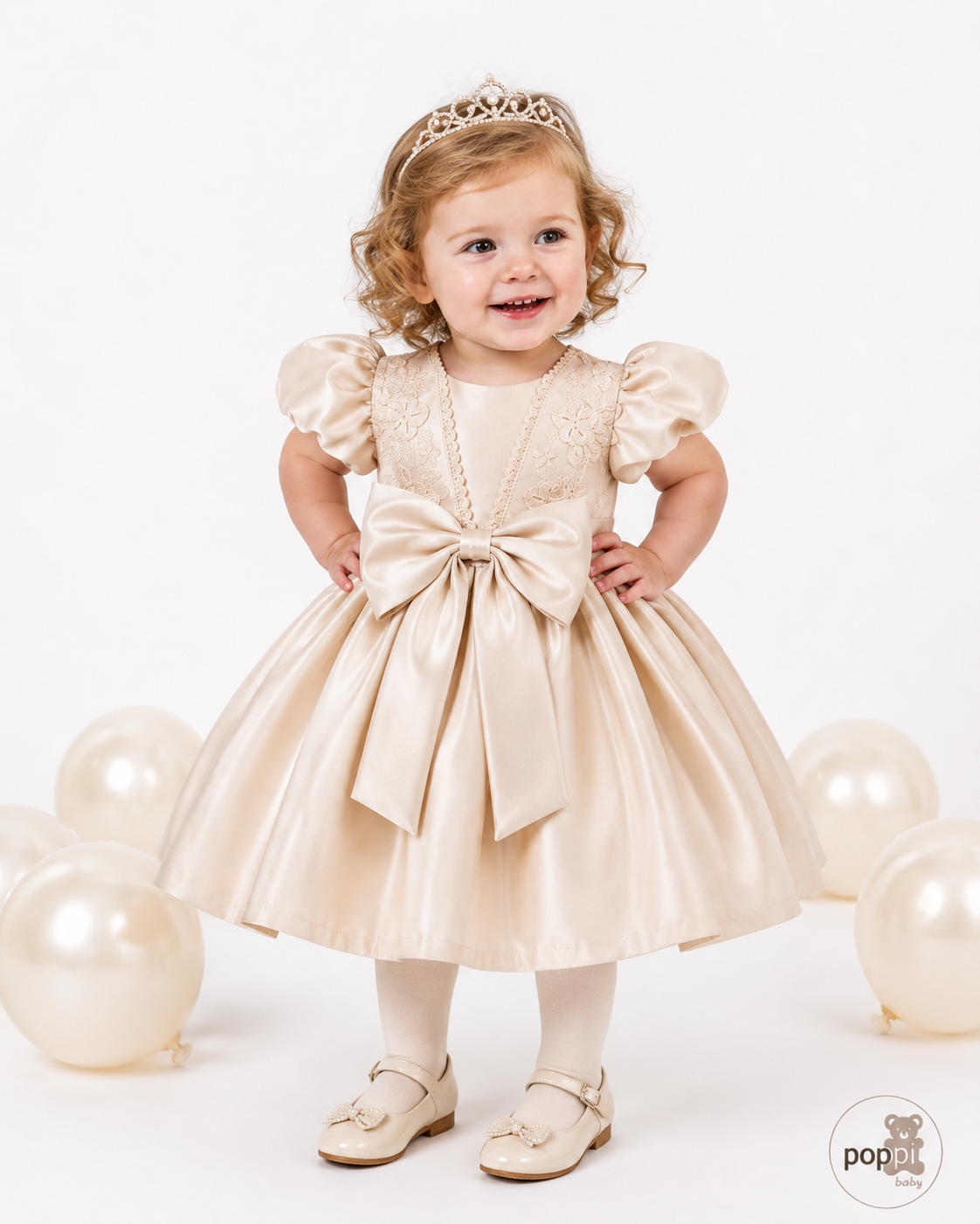 Baby Glamorous Elegant Satin Champagne Bow Dress