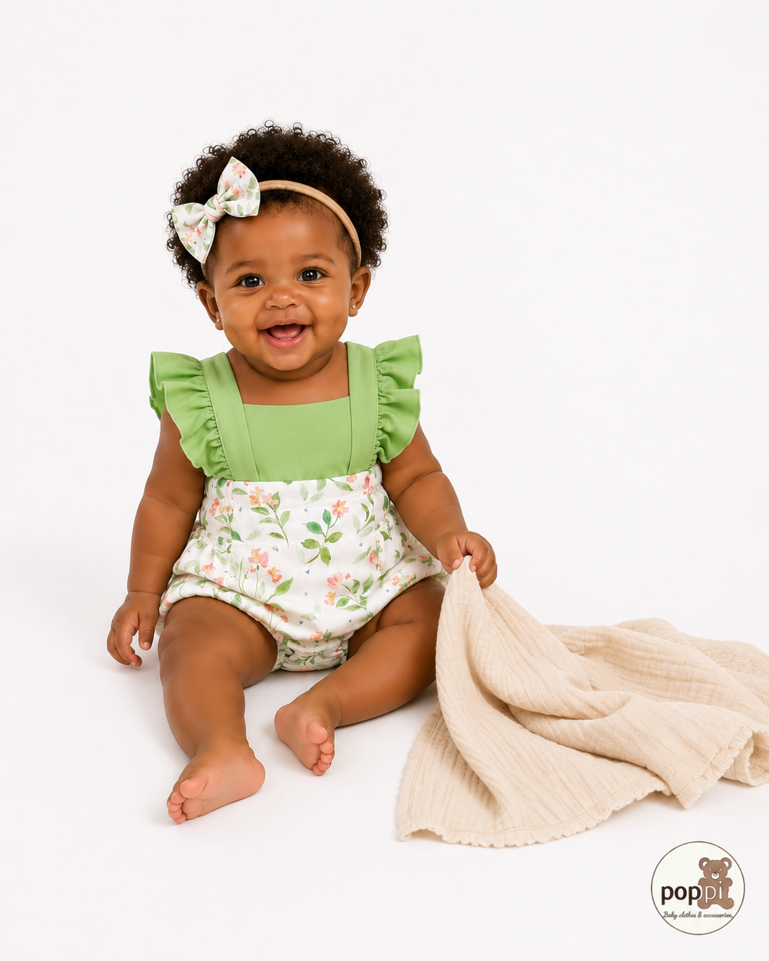 Baby Floral Green Bodysuit Dress And Headband Set