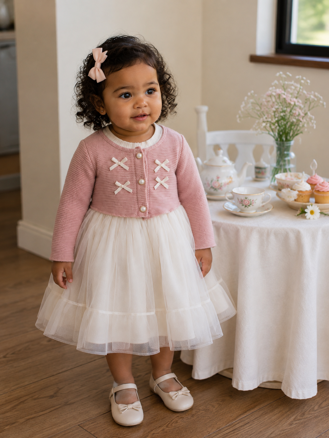 Baby Elegant Triple Front Bow Mesh Dress