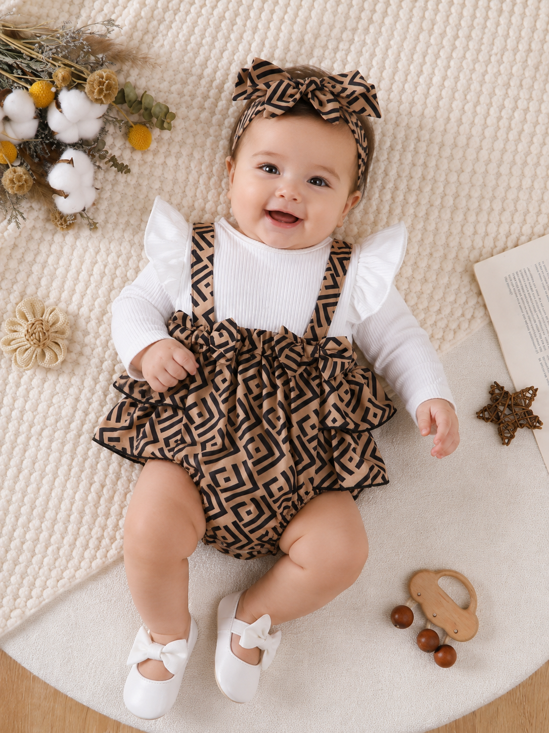 Baby Geometric Print Bodysuit Dress With Headband