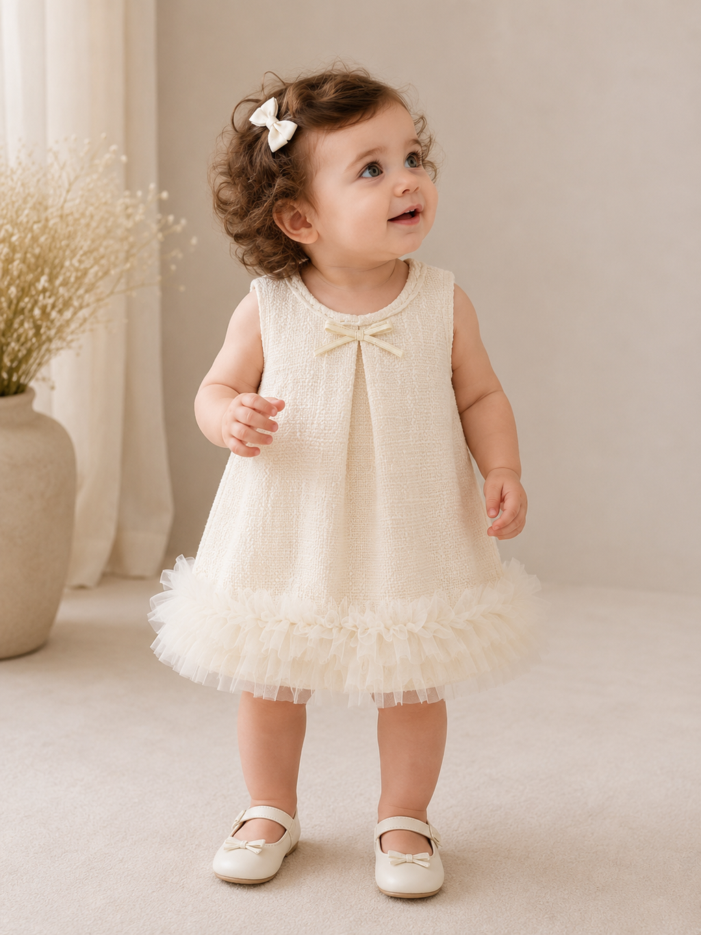 Baby Elegant Tweed Mesh Dress Apricot