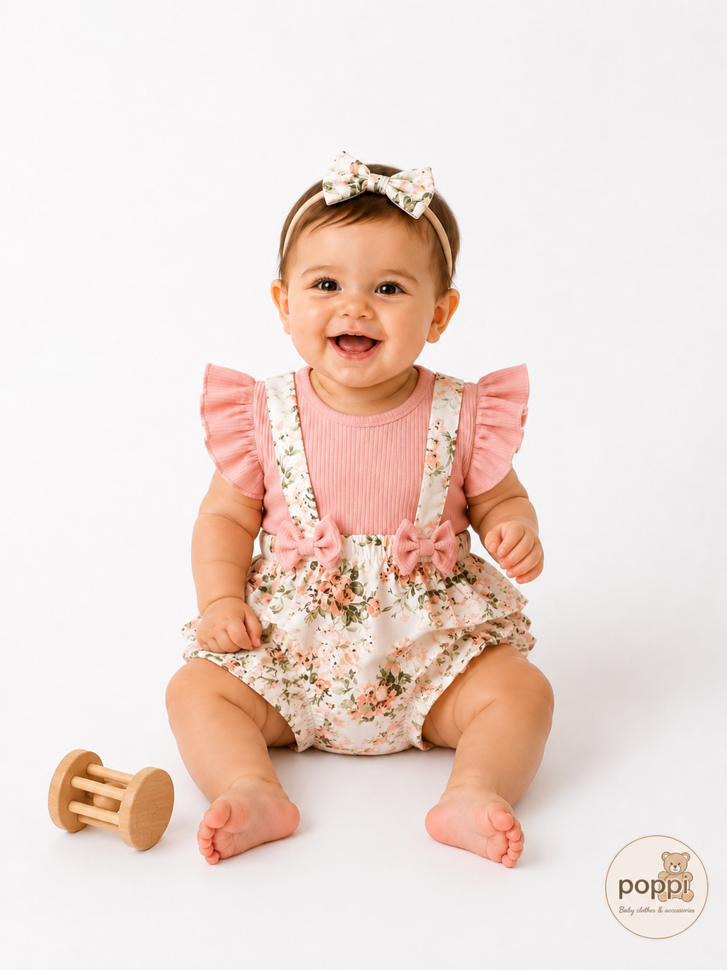 Baby Double Bow Floral Ruffle Bodysuit Dress With Headband
