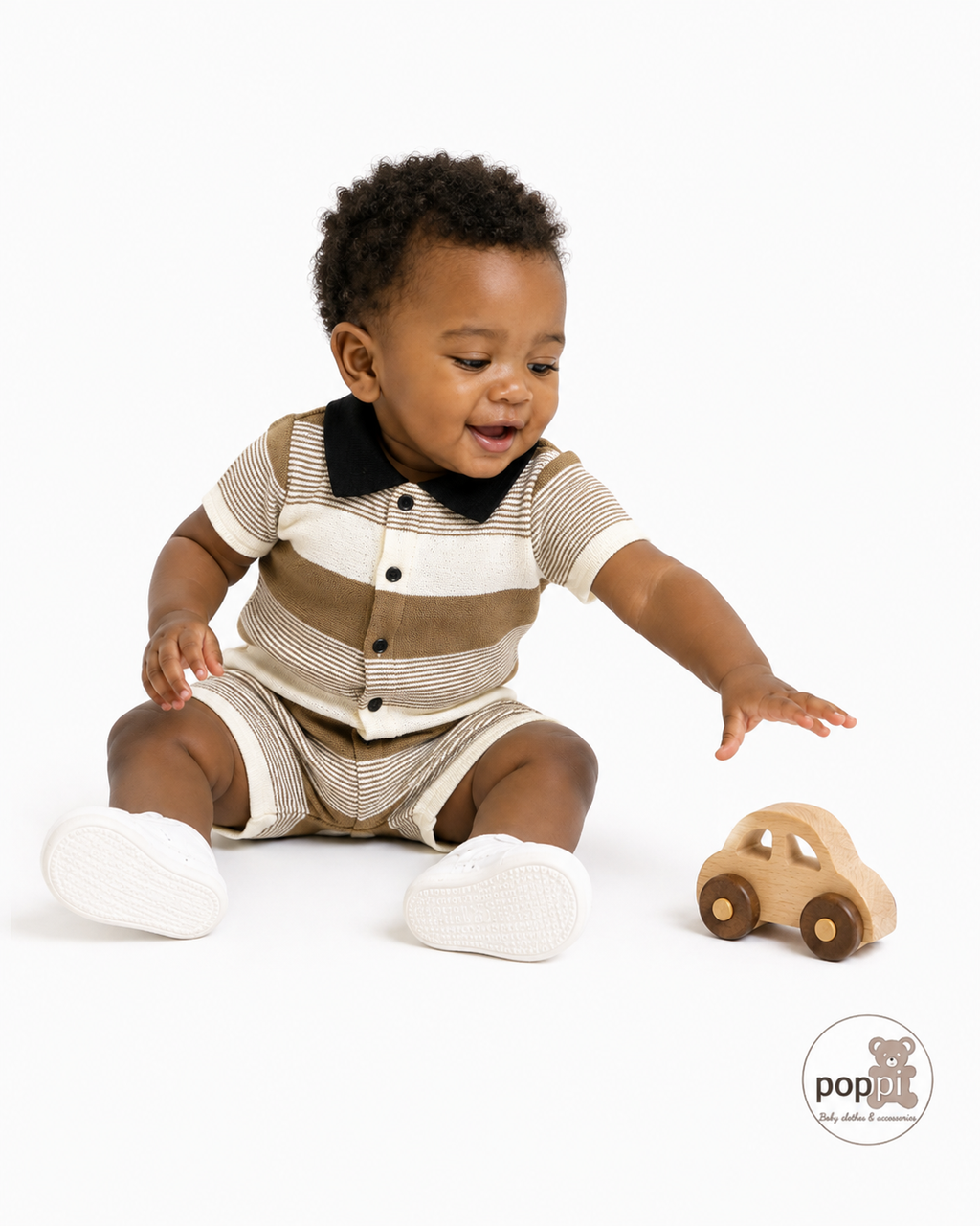 Baby Knitted Striped Short Sleeve Romper Camel