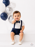 Baby Navy Blue Polka Dot Bow Tie Bodysuit And Shorts Set