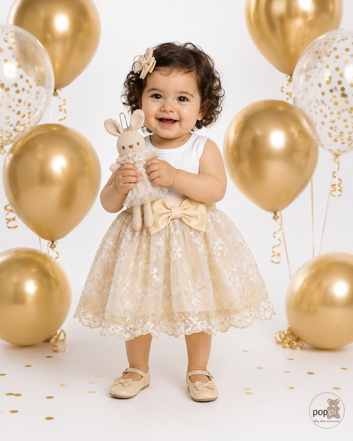 Baby Embroidery Front Bow Dress Gold