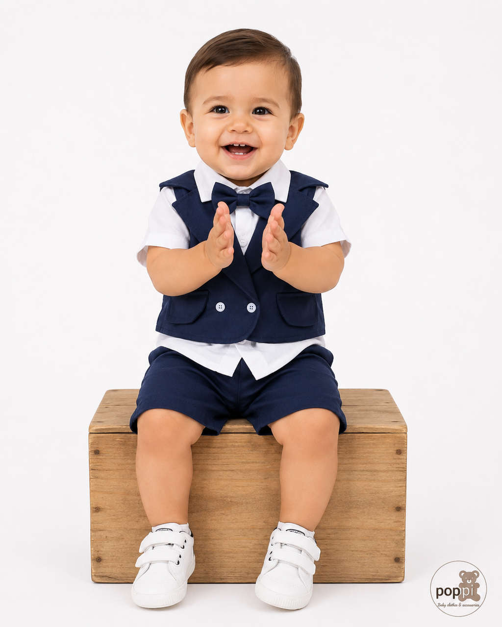 Baby 3 Piece Royal Blue Bow Tie Shirt, Vest And Shorts Set