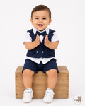 Baby 3 Piece Royal Blue Bow Tie Shirt, Vest And Shorts Set