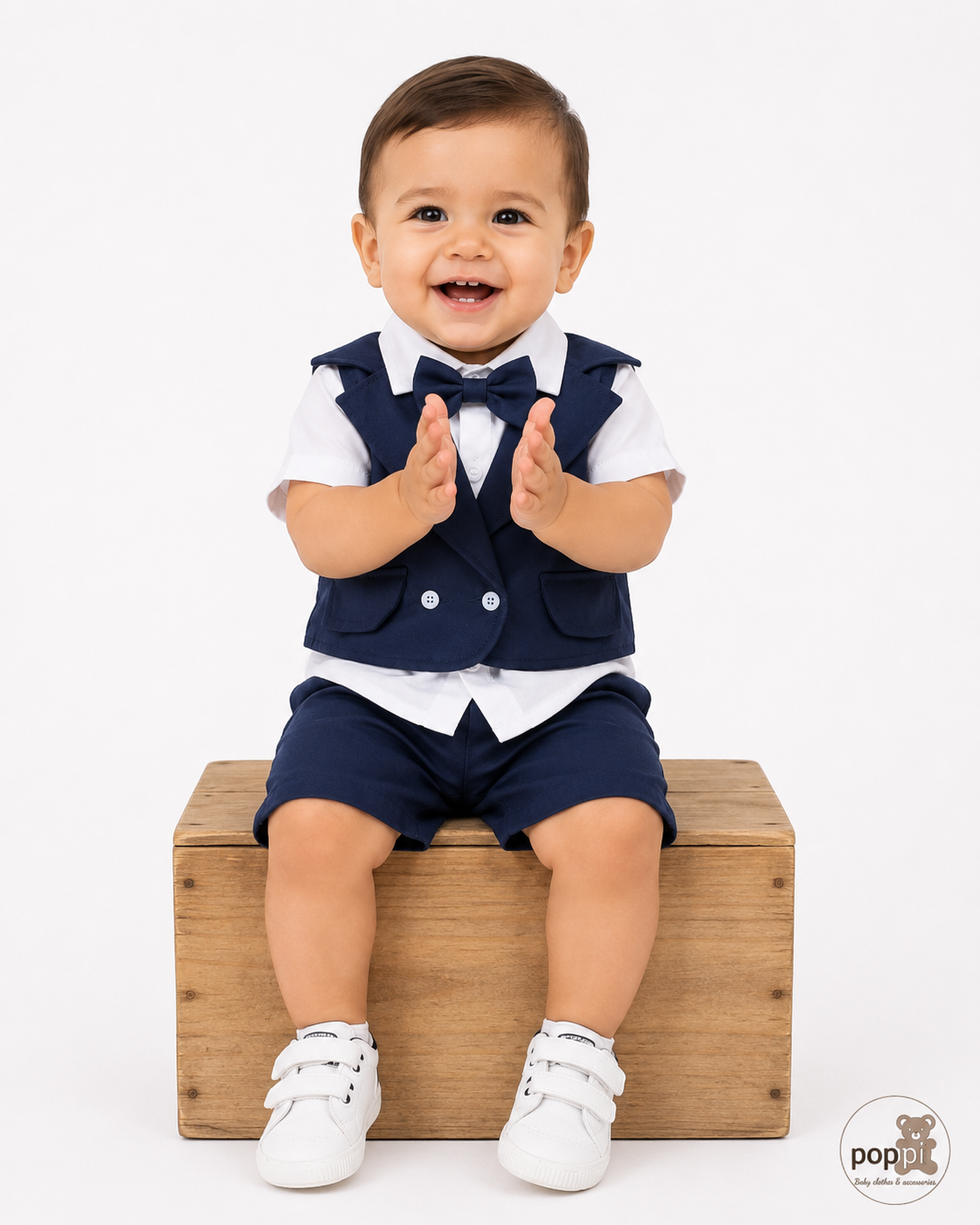 Baby 3 Piece Royal Blue Bow Tie Shirt, Vest And Shorts Set