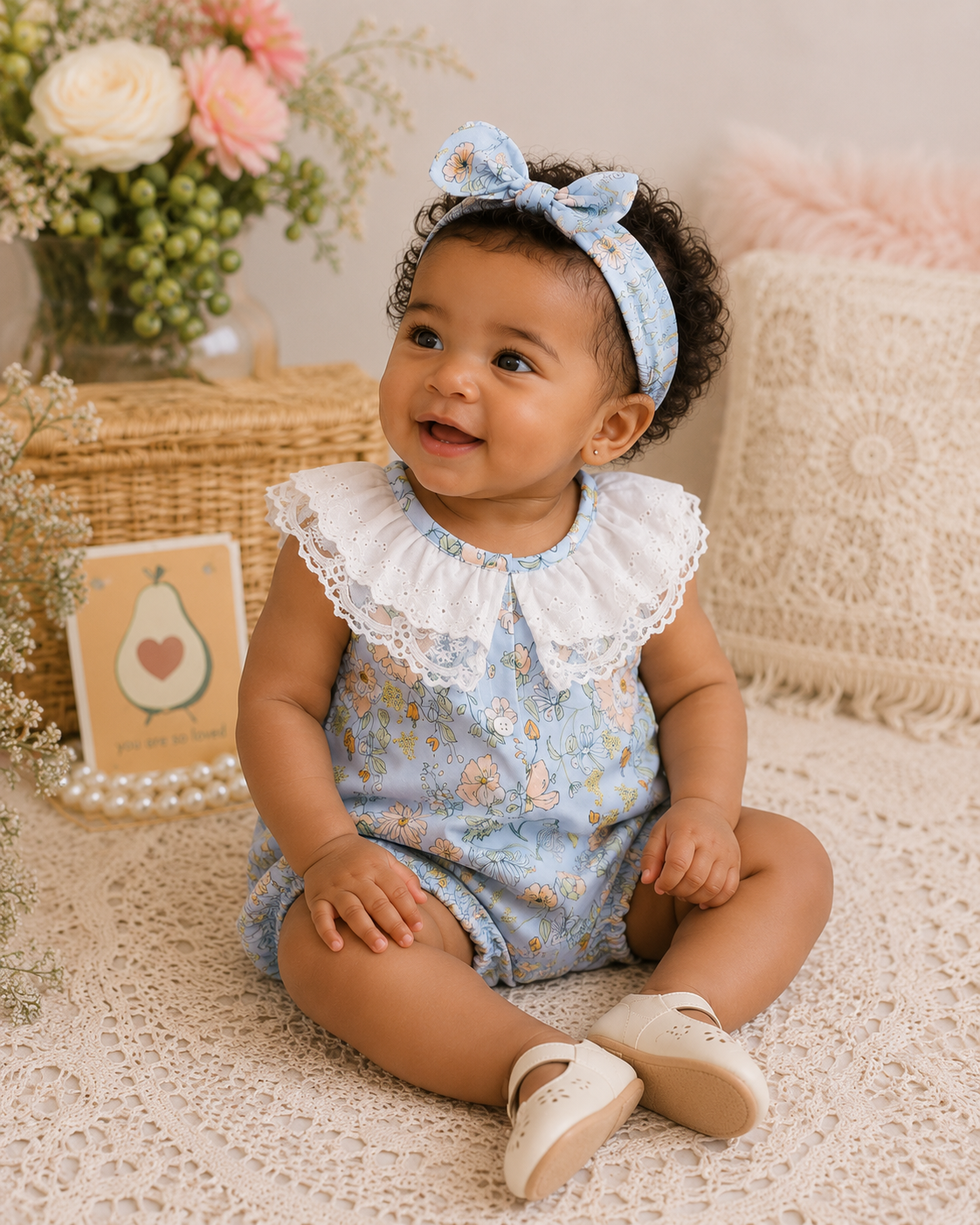 Baby Lace Trim Collar Floral Romper With Headband Set Blue