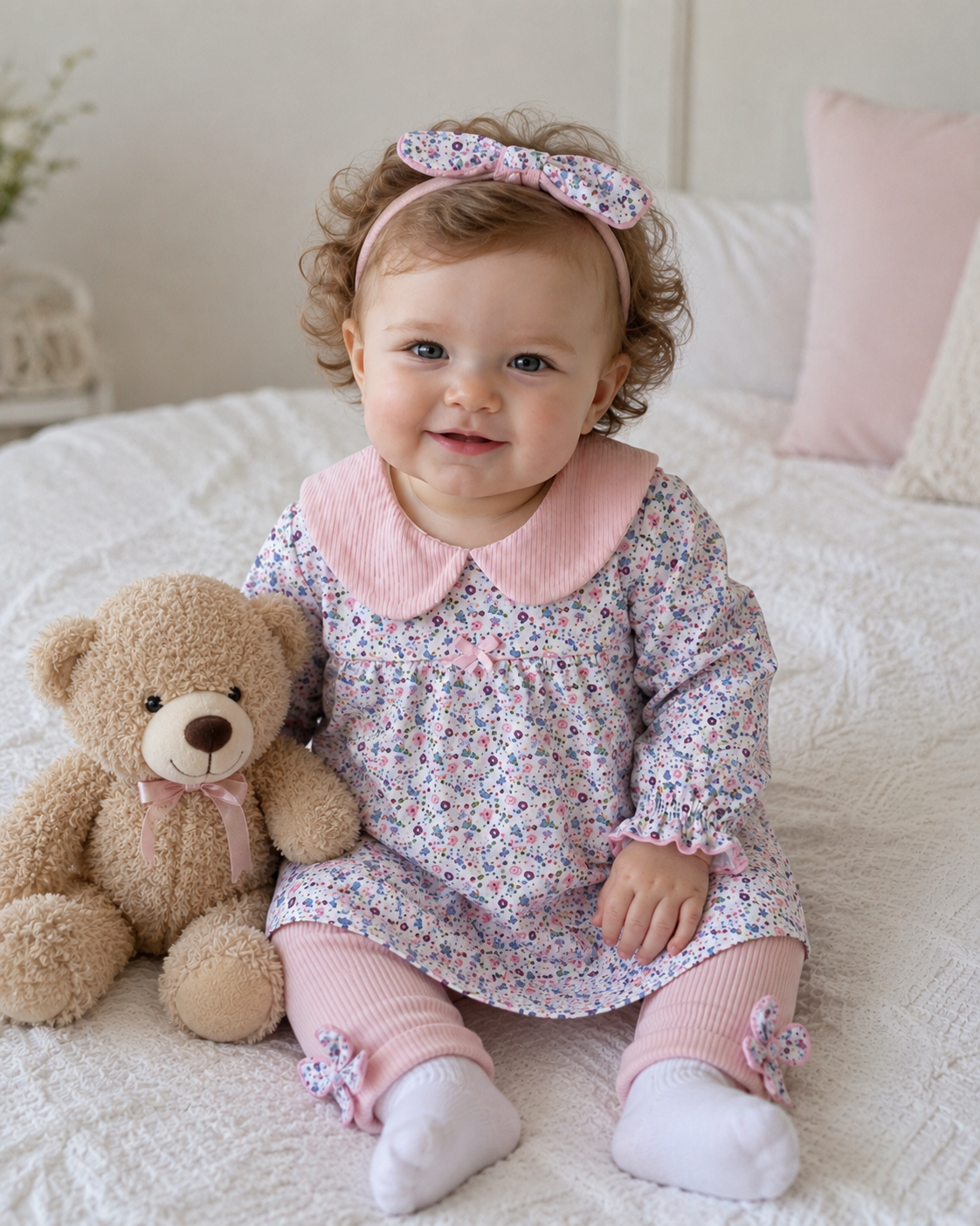Baby 3 Piece Spring Flower Pattern Top With Ribbed Leggings Set