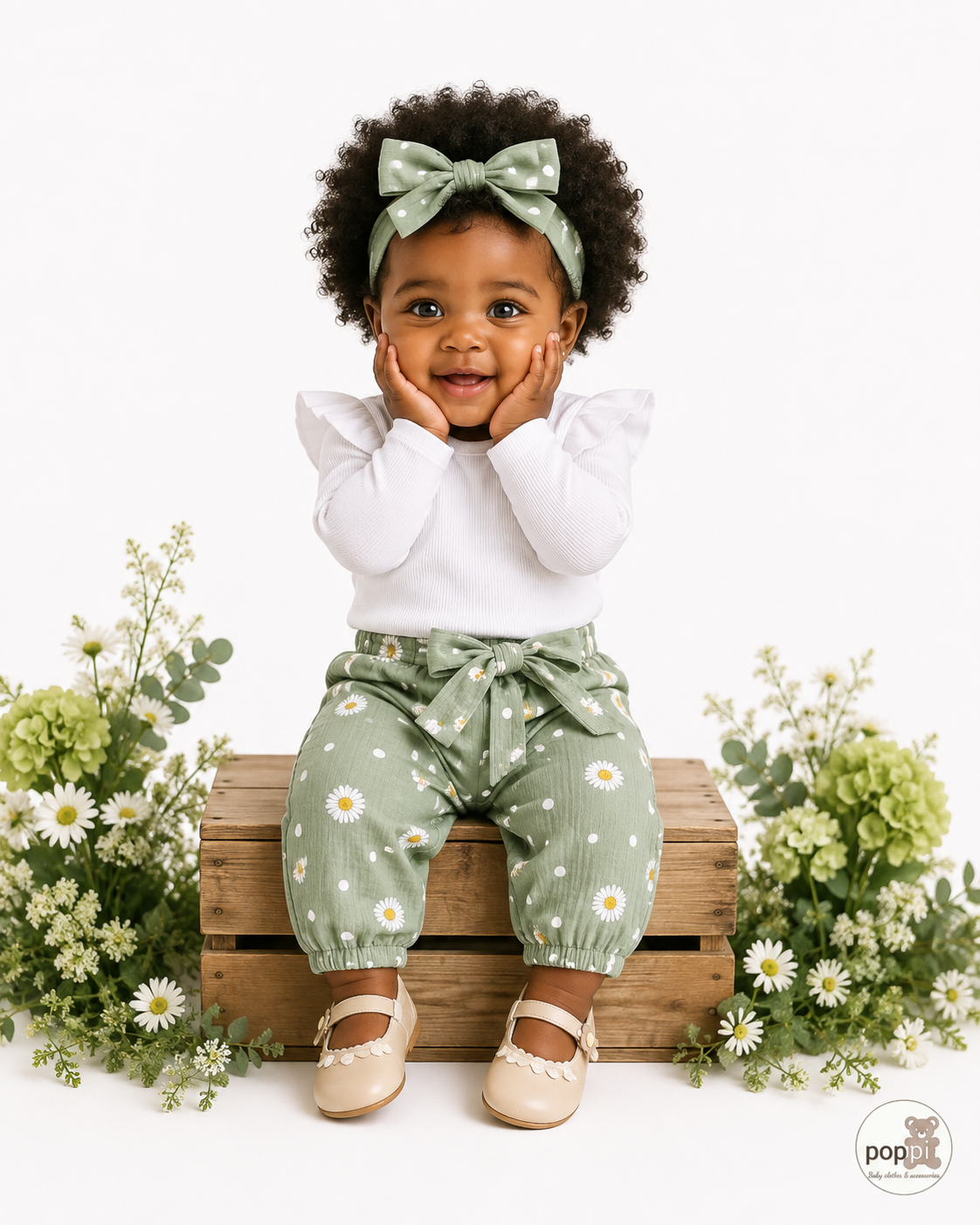 Baby White Bodysuit With Daisy Pants Set Green