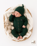 Baby Dark Green Stripe Fleece Jumpsuit With Beanie