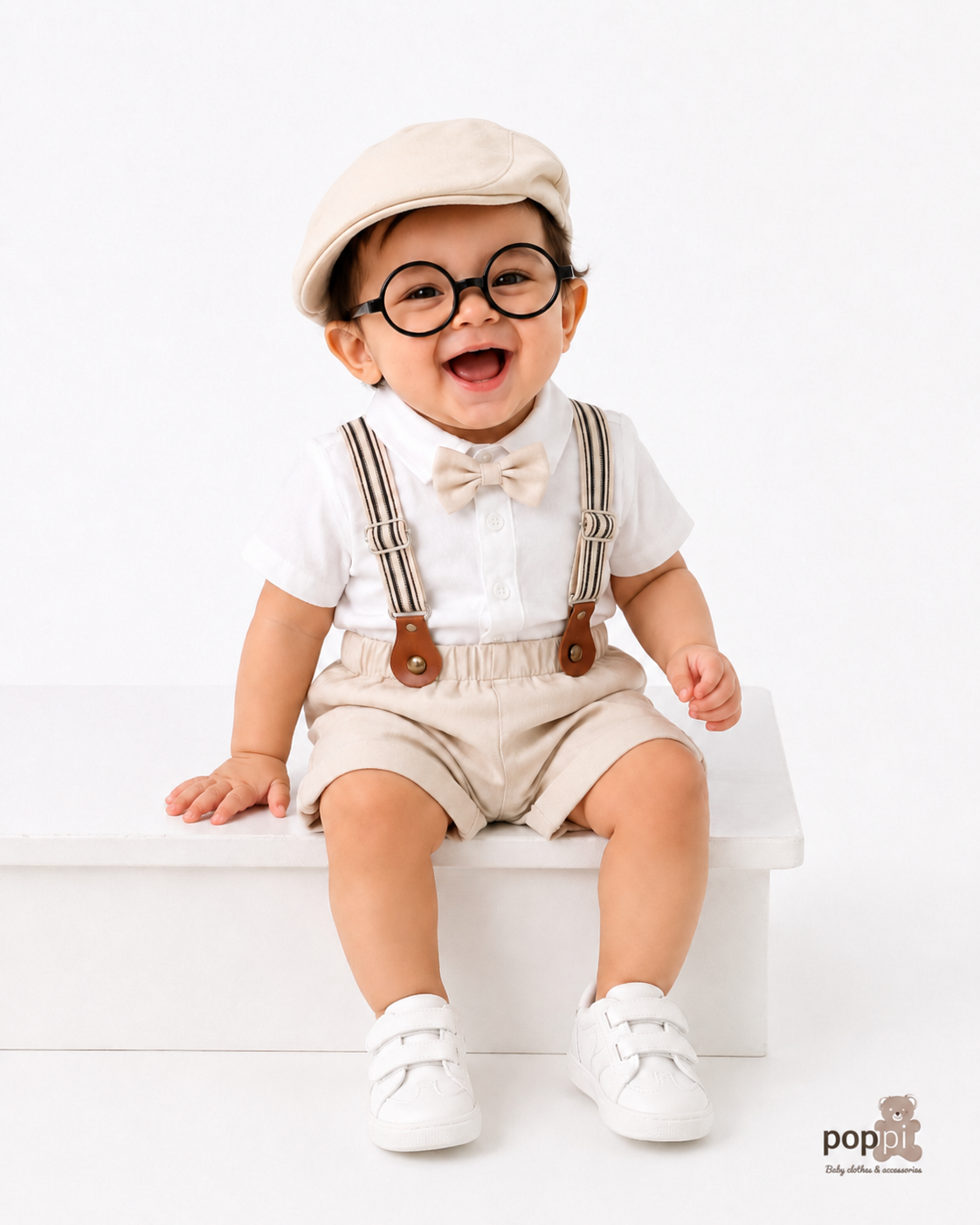 Baby 3 Piece Short Sleeve Suspender Set Beige