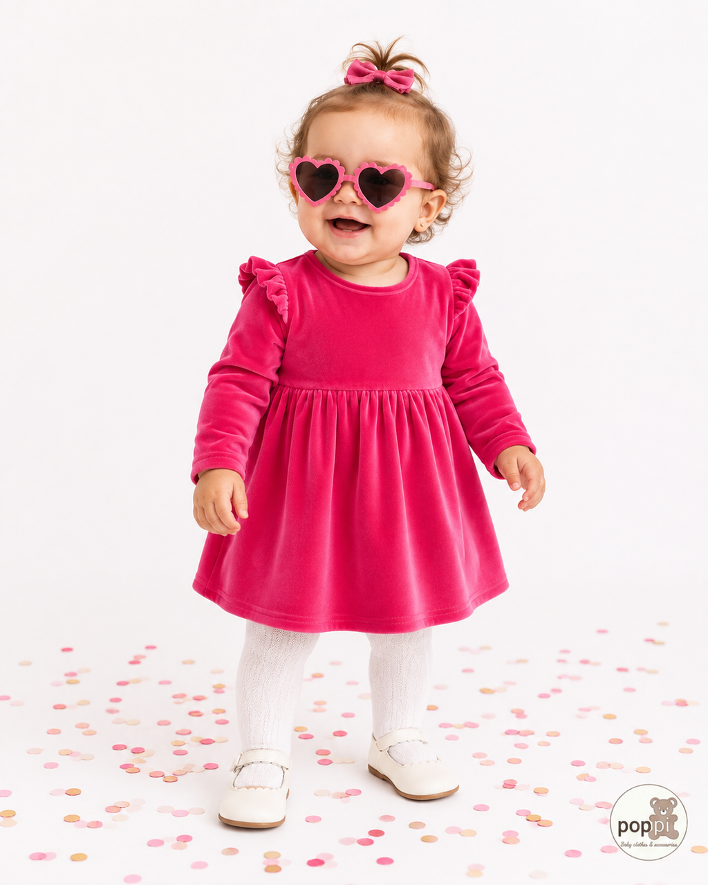 Baby Hot Pink Velvet Ruffle Long Sleeve Dress