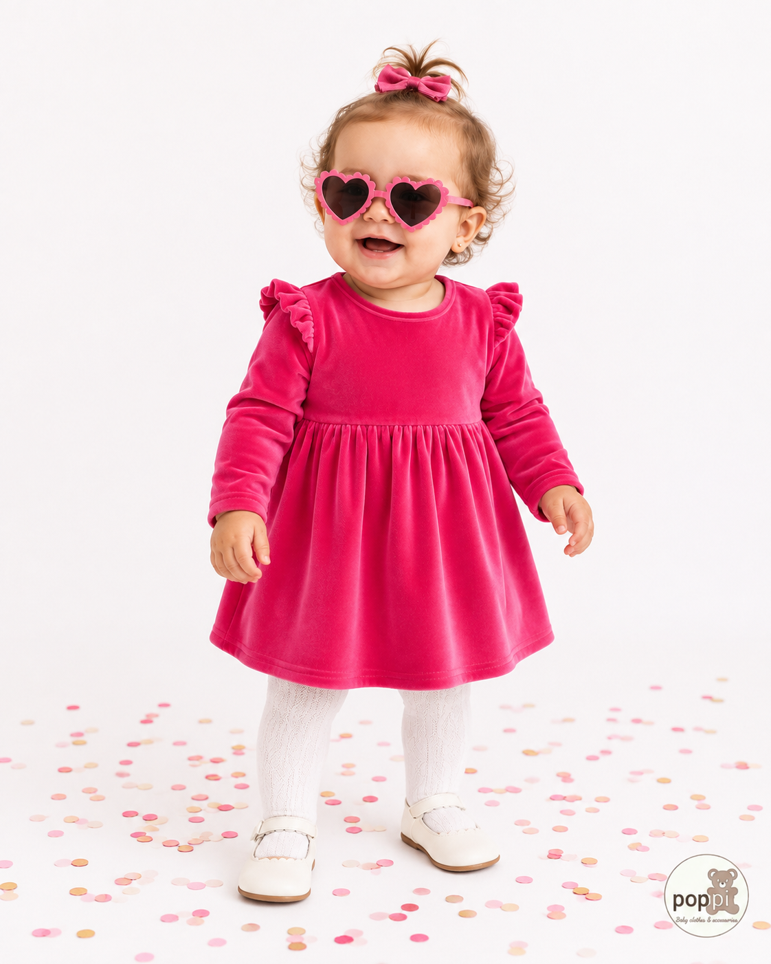 Baby Hot Pink Velvet Ruffle Long Sleeve Dress
