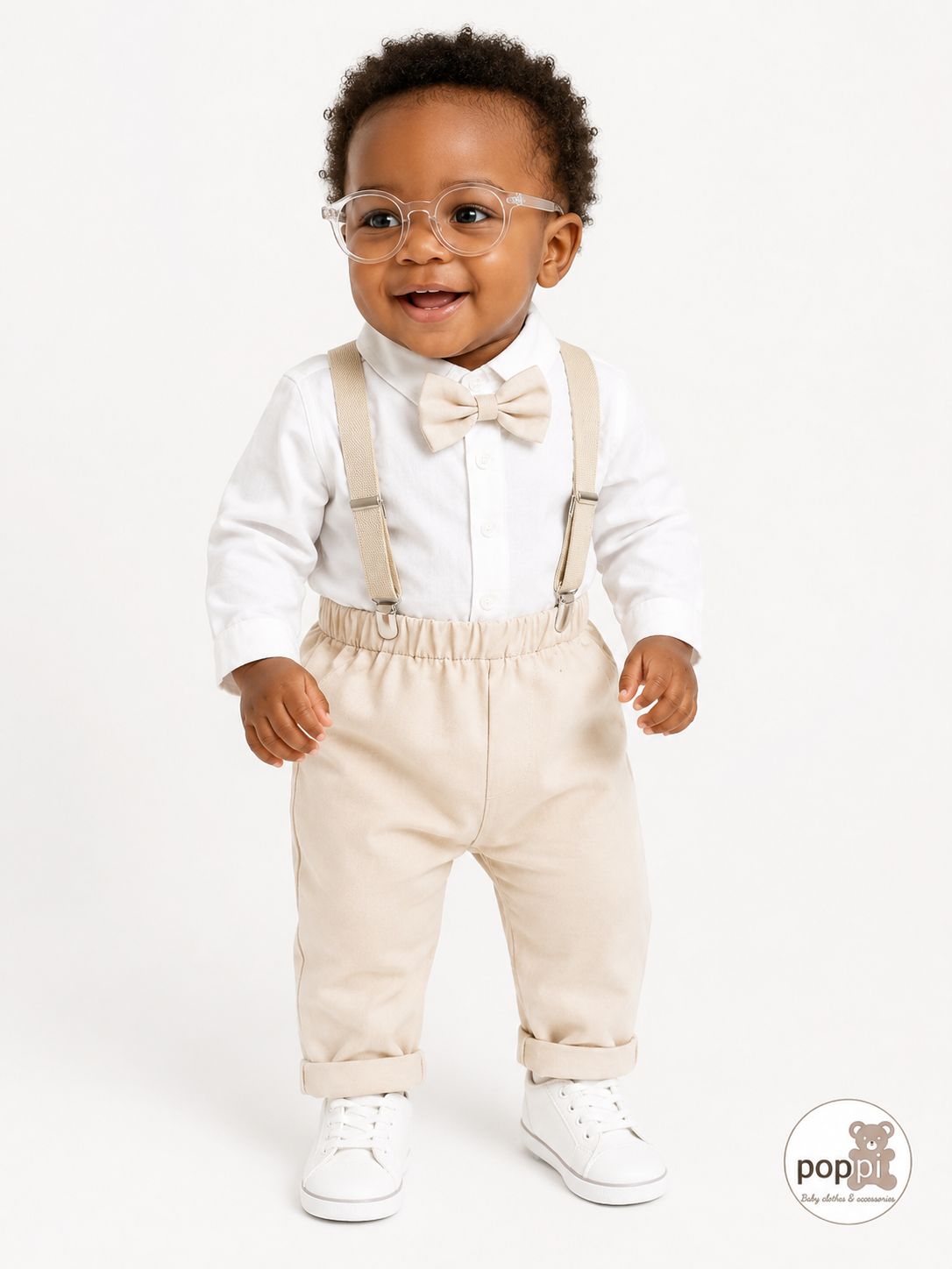 Baby 3 Piece Bow Tie Long Sleeve Suspender Outfit Apricot