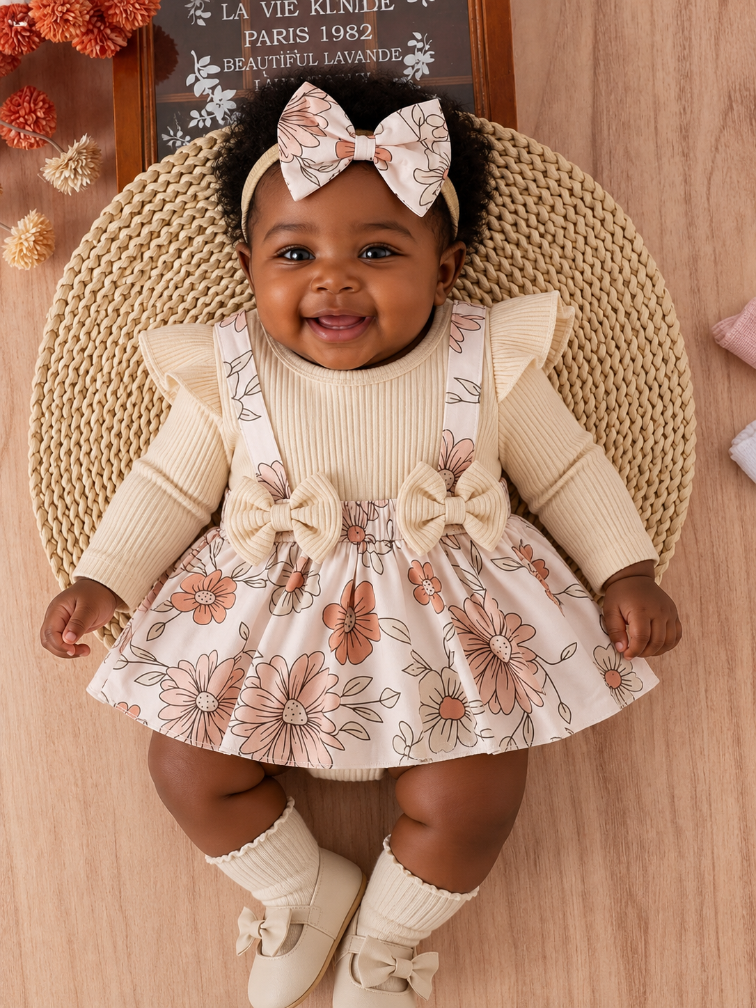 Baby Double Bow Flower Pattern Bodysuit dress Set Apricot