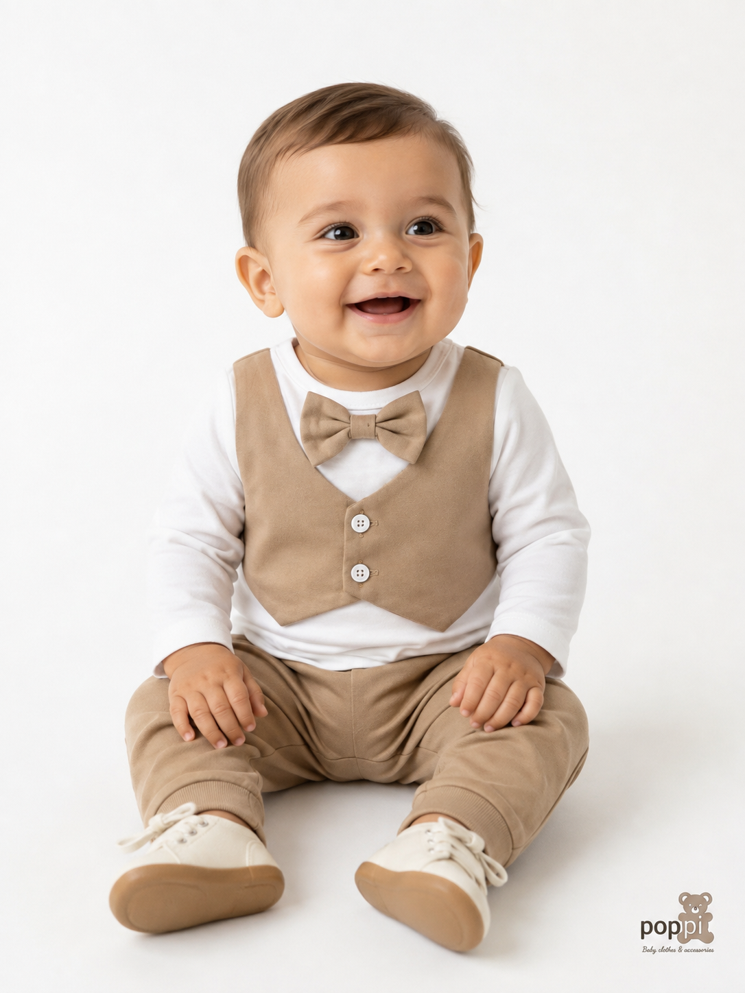 Baby Bow Tie Formal Bodysuit And Pants Set Khaki
