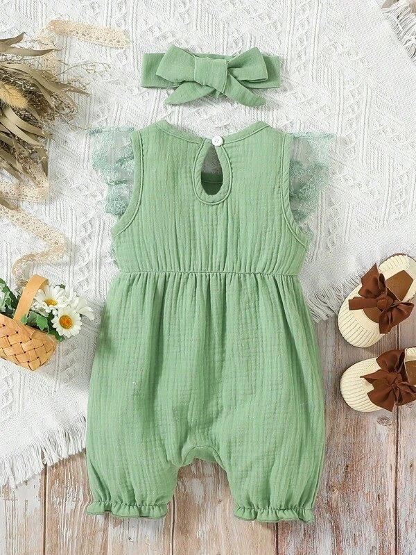 Lace Ruffle Trim Romper Green