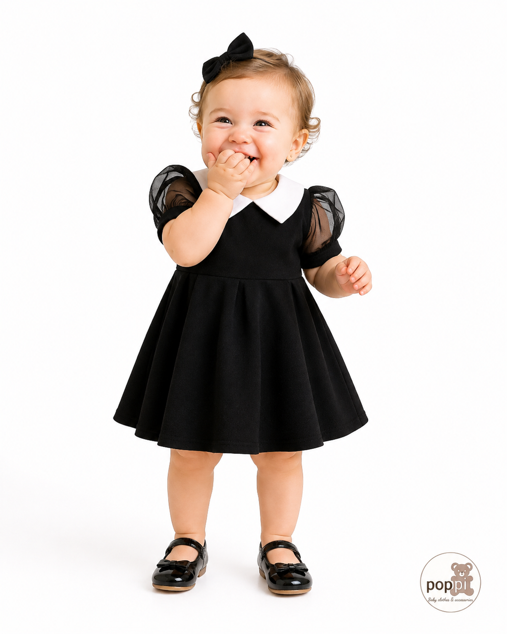 Baby Black & White Collar Puff Sleeve Dress