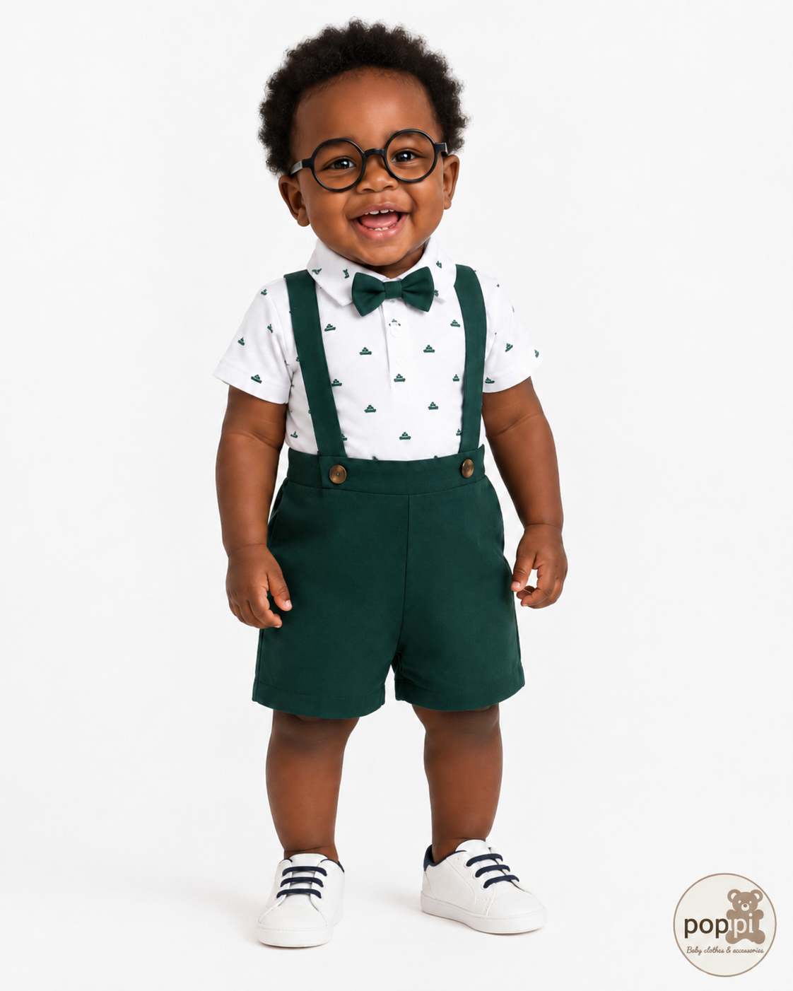 Baby Emerald Green Pattern Bow Tie Bodysuit And Shorts Set