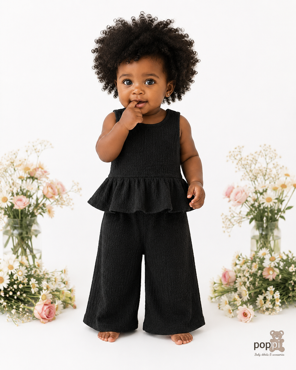 Baby Textured Top With Wide legged Pants Set Black