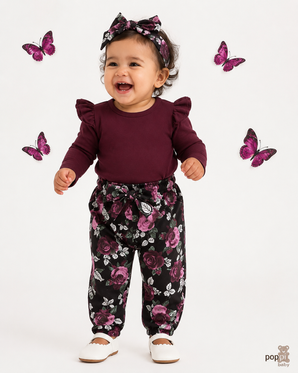 Baby 3 Piece Long Sleeve Top With Floral Pants Set Burgundy