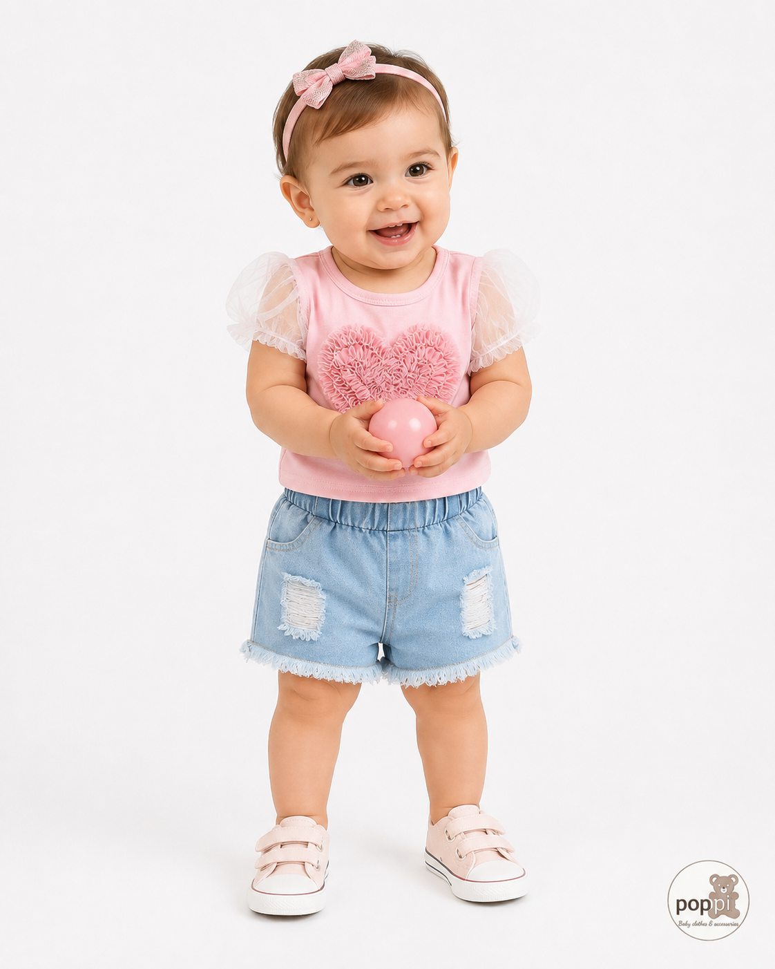 Baby Pink Heart Tee And Denim Shorts Set