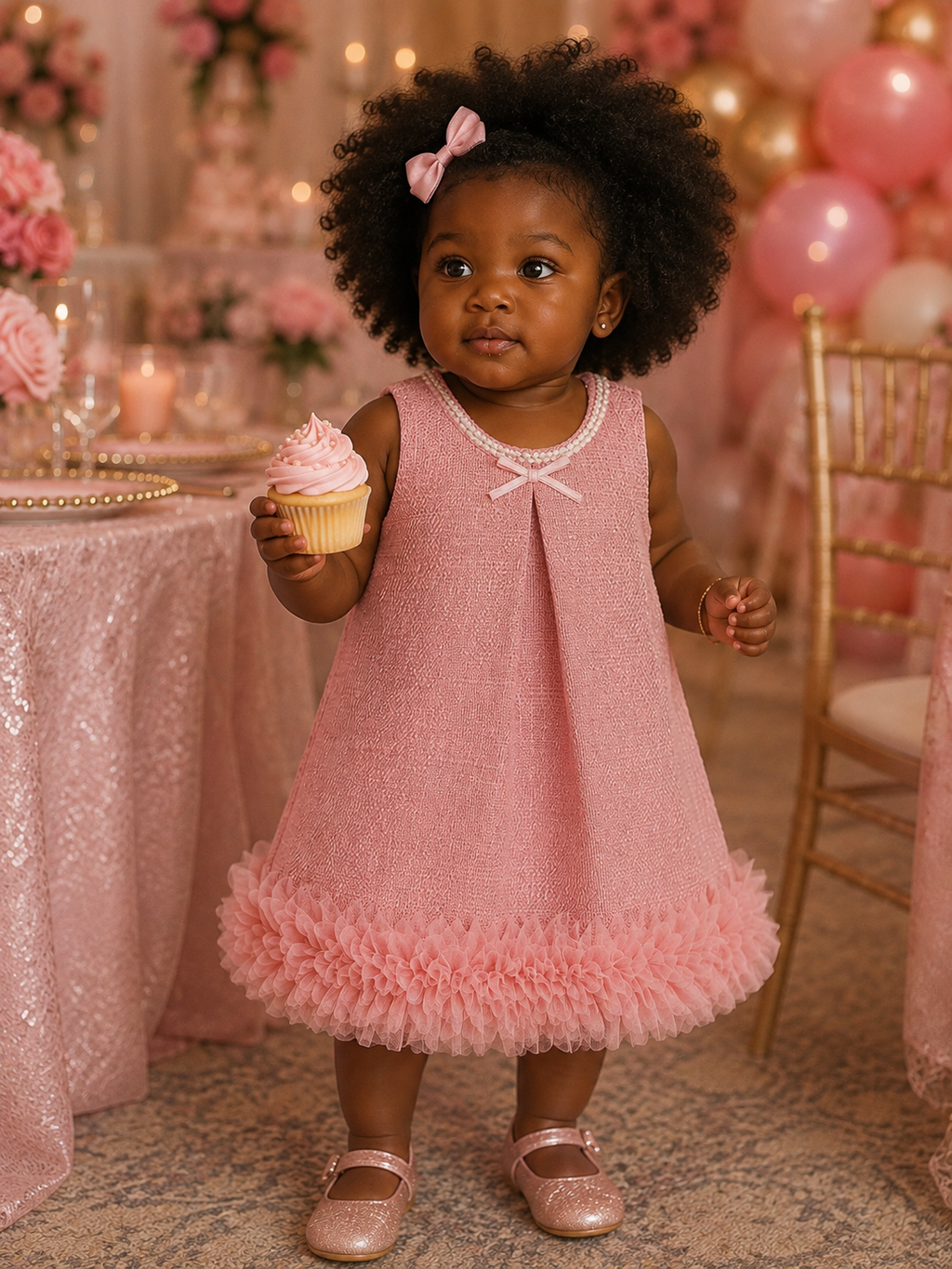 Baby Elegant Tweed Mesh Dress Pink
