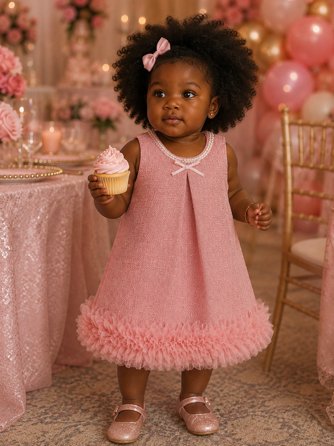 Baby Elegant Tweed Mesh Dress Pink