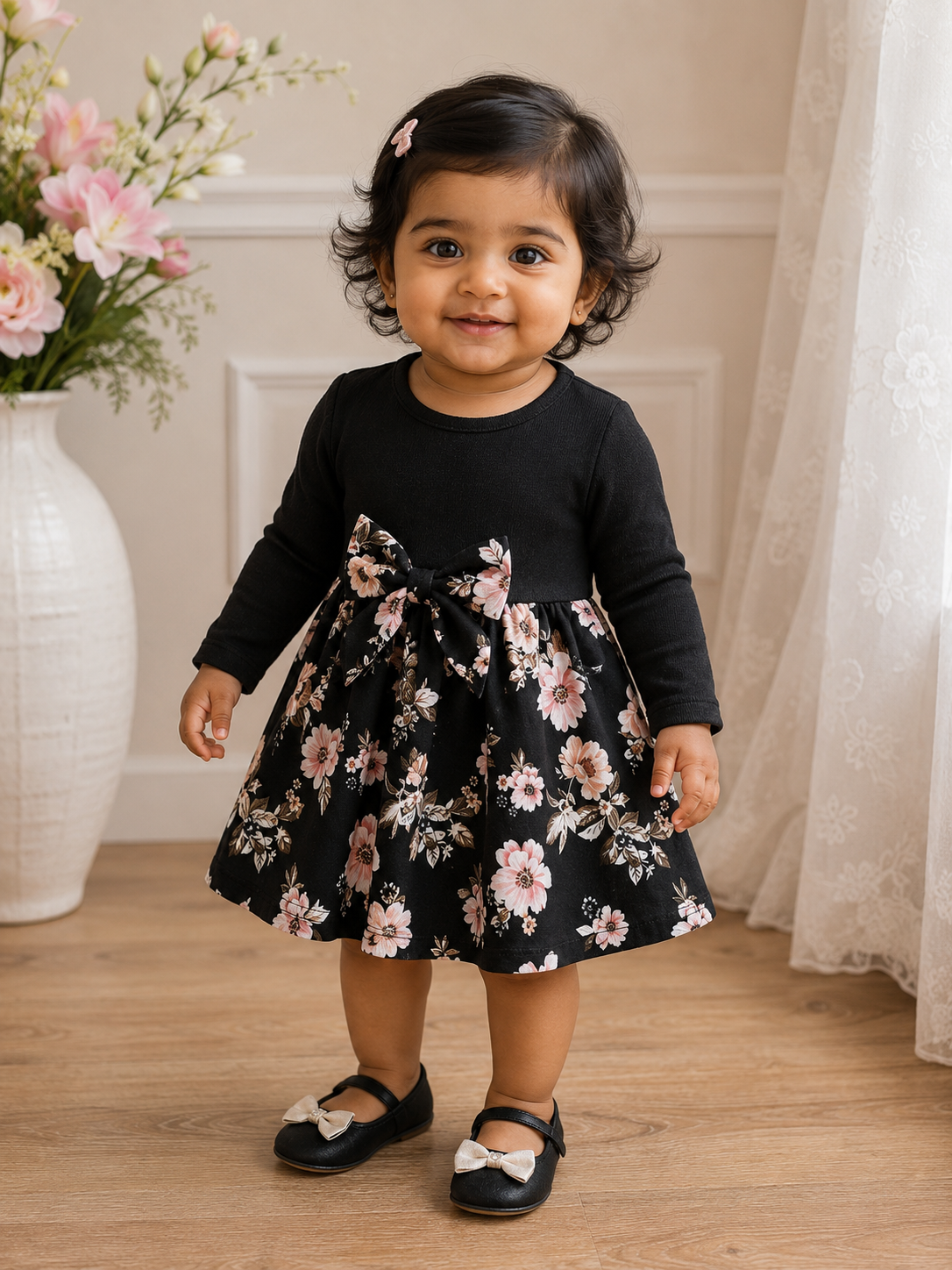 Baby Floral Pattern Bow Black Dress