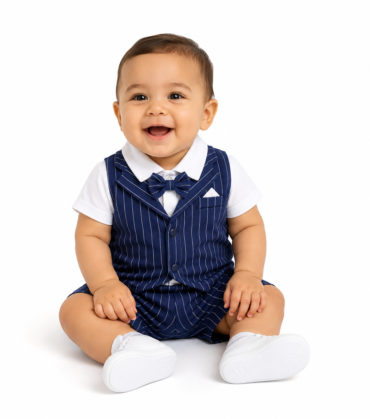 Baby Striped 2 In 1 Bow Tie Romper Navy Blue