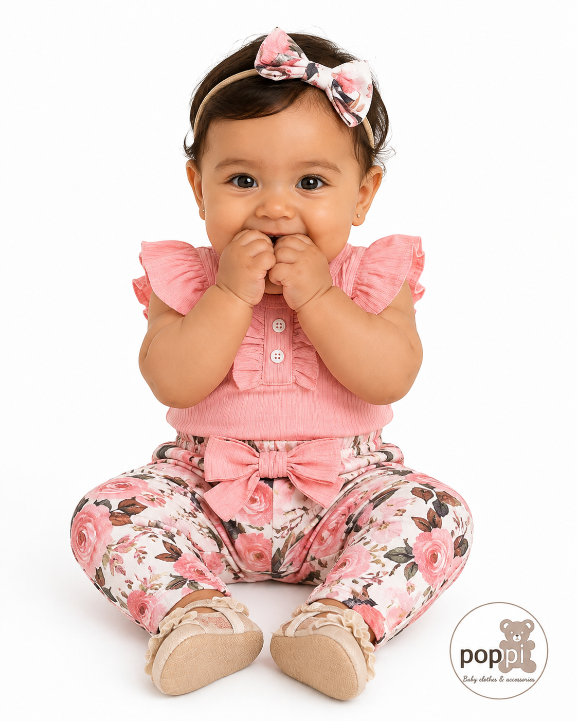 Baby Ribbed Bodysuit And Floral Pants Set Pink