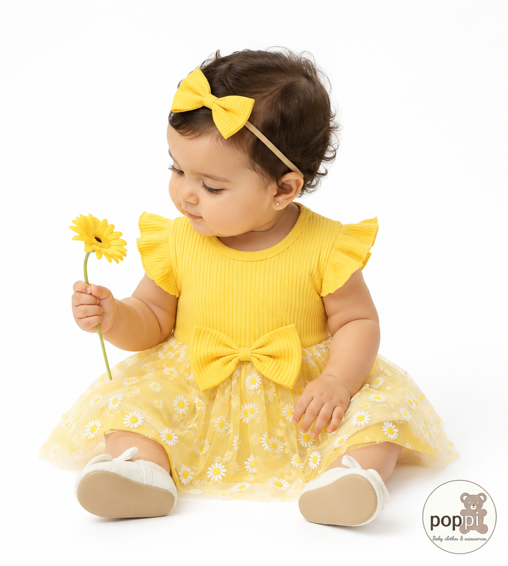 Baby Yellow Daisy Printed Bow Dress