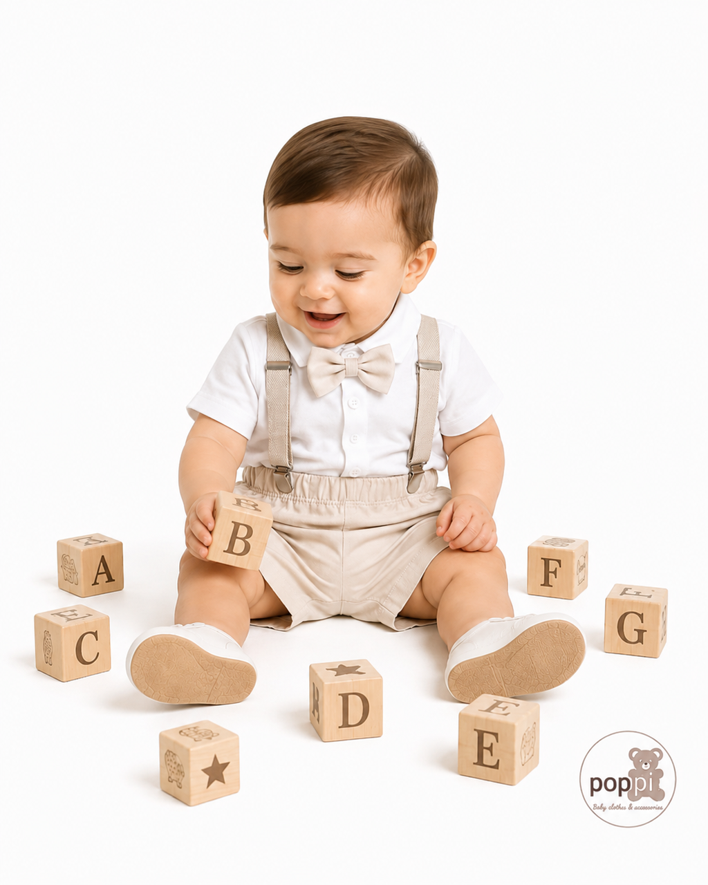 Baby 3 Piece Bow Tie Short Sleeve Suspender Outfit Apricot