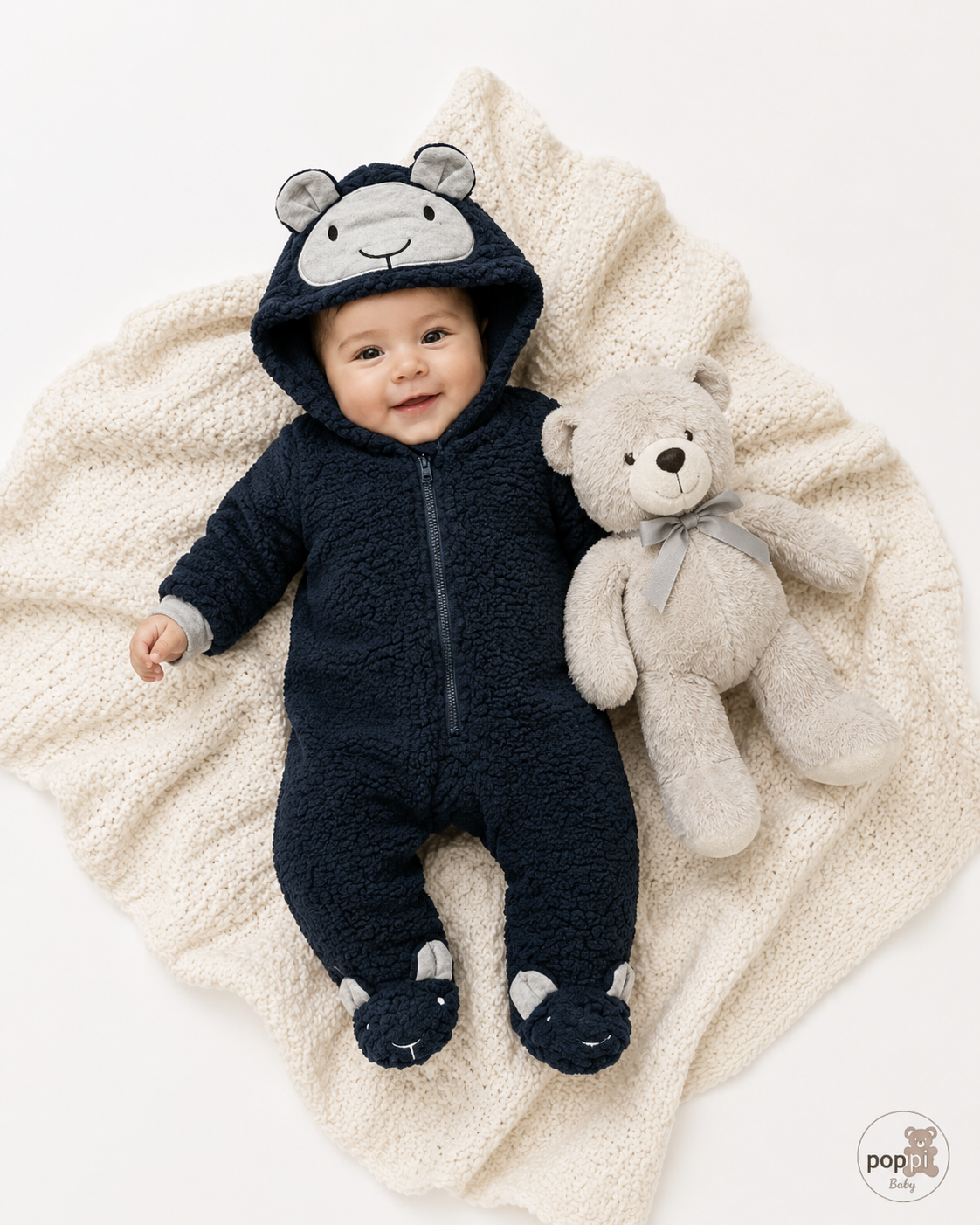 Baby 3D Ears Hooded Teddy Jumpsuit