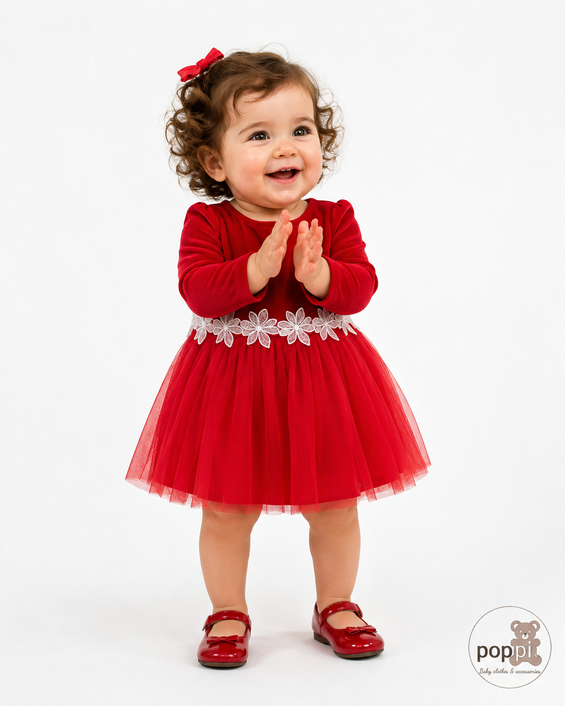 Baby White Flower Print Mesh Red