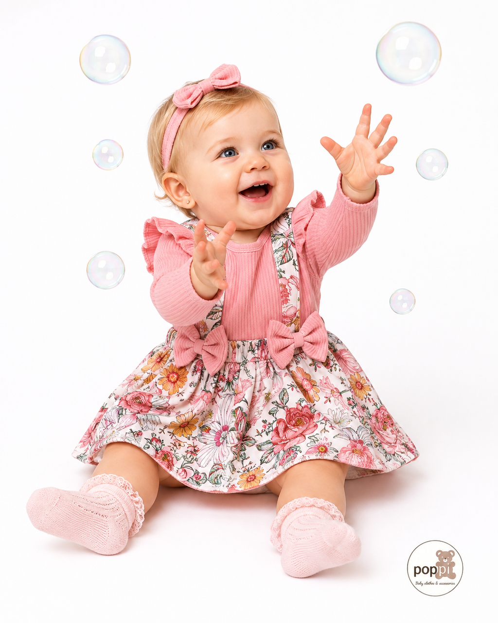 Baby Double Bow Flower Pattern Bodysuit dress Set Pink
