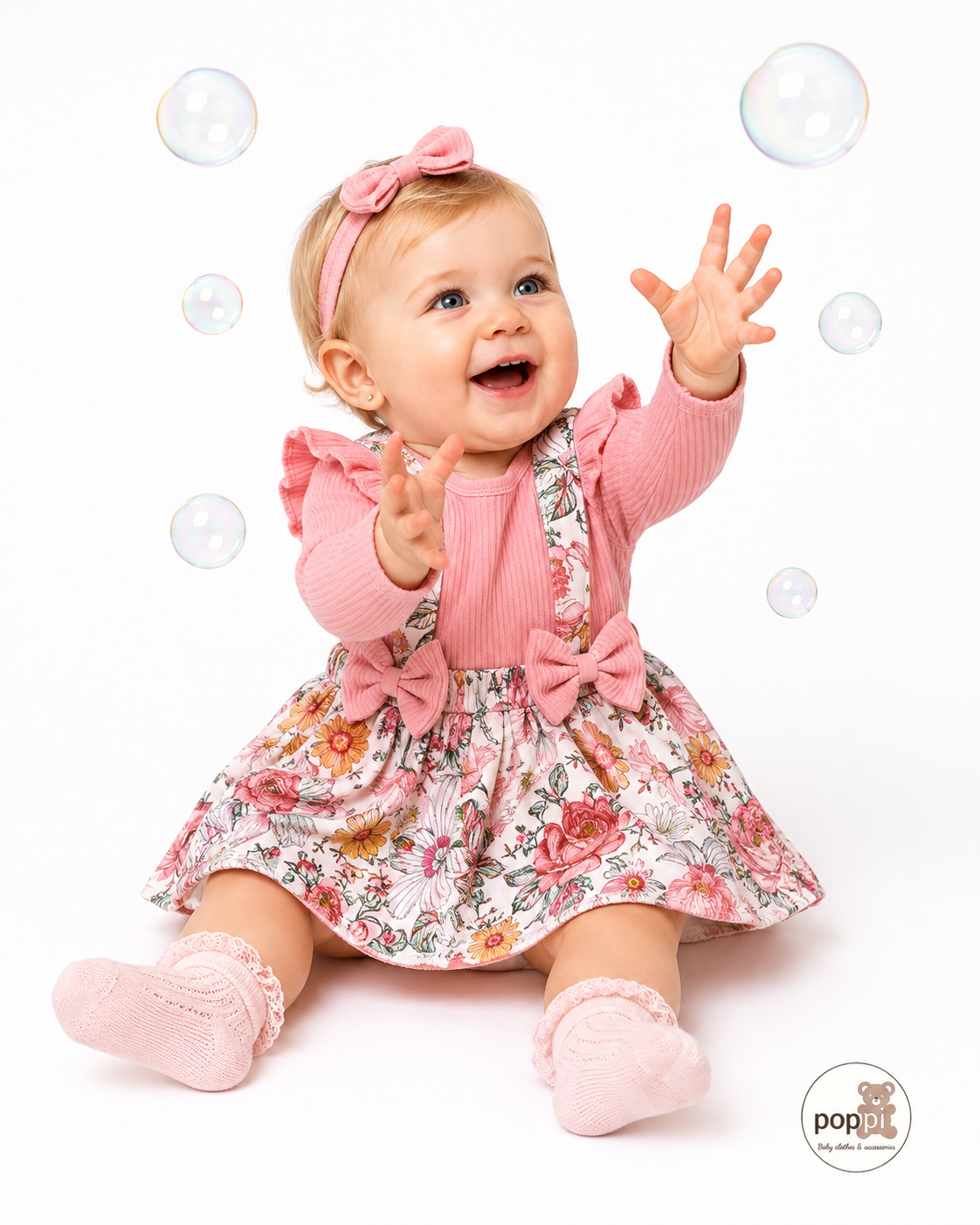 Baby Double Bow Flower Pattern Bodysuit dress Set Pink