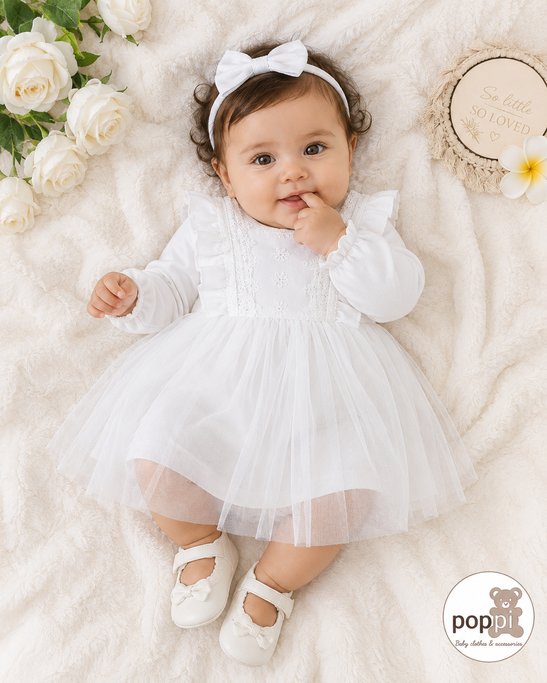 Baby Lace Pattern Ruffle Sleeve Dress White