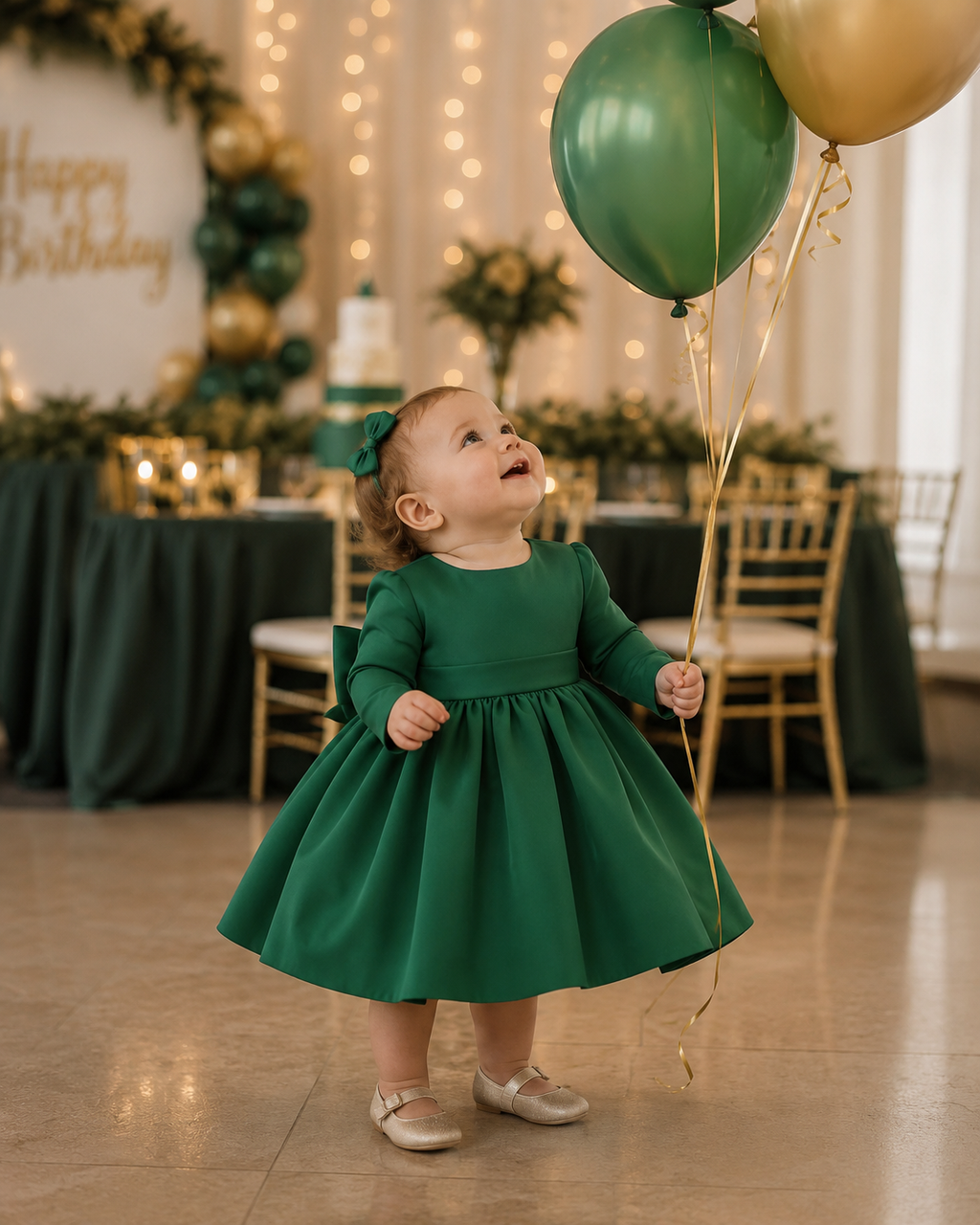 Baby Elegant Satin Olive Green Bow Dress