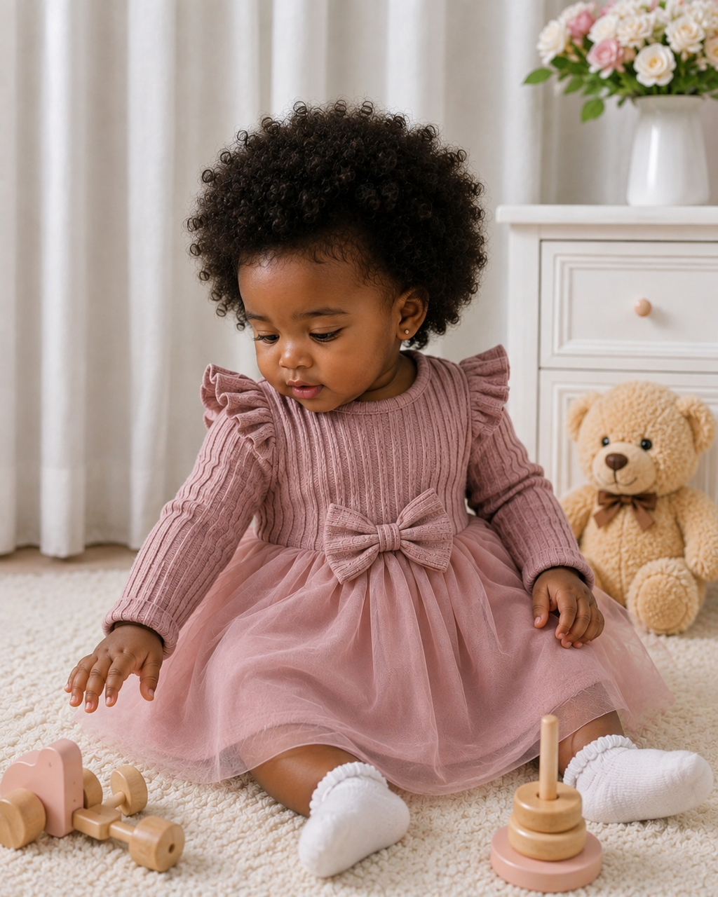 Baby Dusty Pink Ruffle Trim Bow Dress