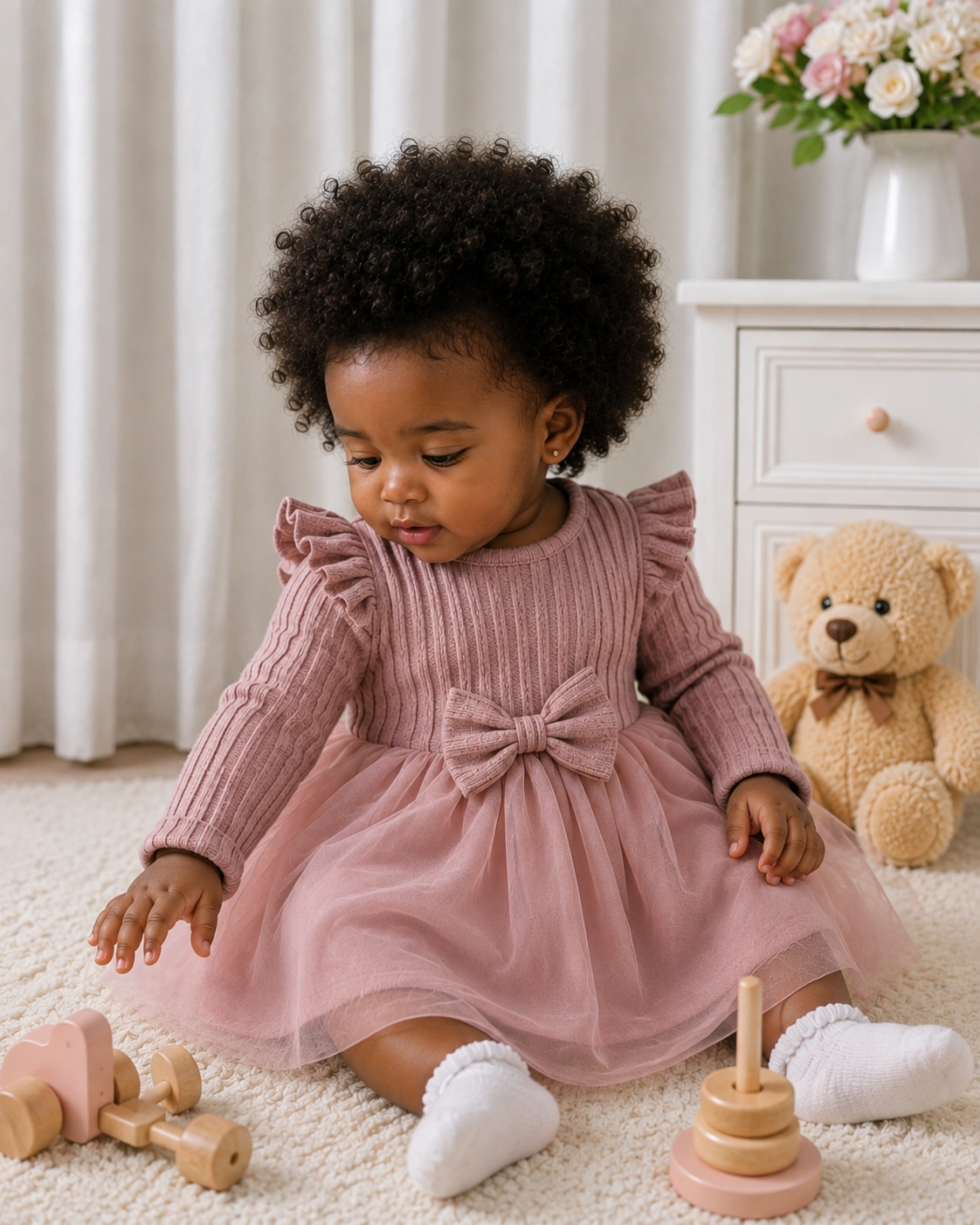 Baby Dusty Pink Ruffle Trim Bow Dress