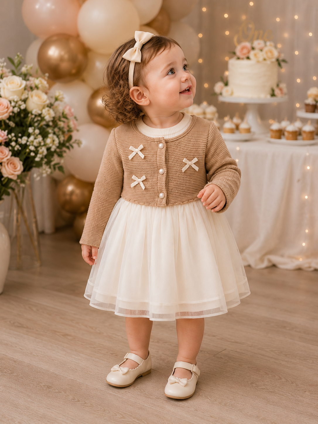 Baby Elegant Triple Front Bow Mesh Dress Khaki