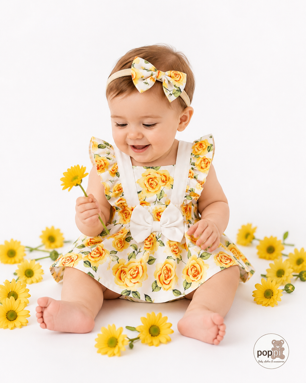 Baby Cute Yellow Floral Print Bodysuit Dress